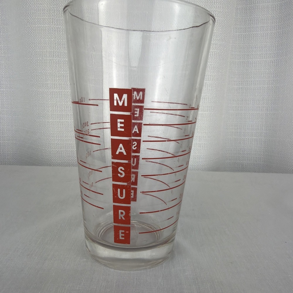Vintage MCM midcentury Libbey Duratuff liquid/dry measuring glass red graphics
